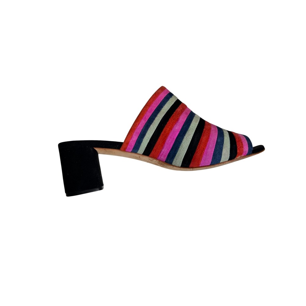 Loeffler Randall Striped Suede Block Heel Mules Peep Toe Slides Multi Color 9